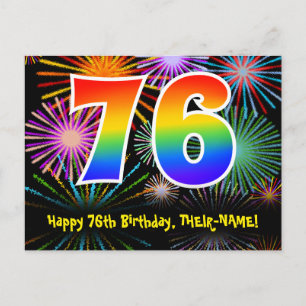 76th Birthday – Fun Fireworks Pattern + Rainbow 76 Postcard