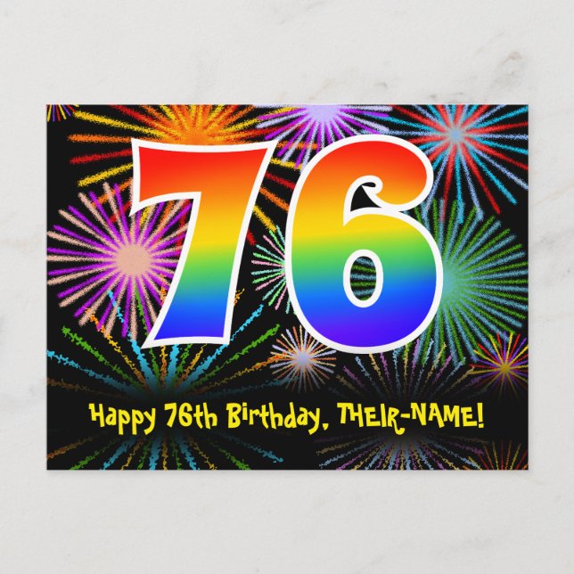 76th Birthday – Fun Fireworks Pattern + Rainbow 76 Postcard (Front)