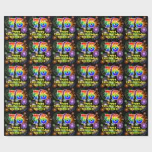 76th Birthday: Fun Fireworks, Rainbow Look # “76” Wrapping Paper