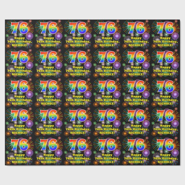 76th Birthday: Fun Fireworks, Rainbow Look # “76” Wrapping Paper (Seam)
