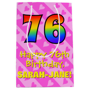 76th Birthday: Fun Pink Hearts Stripes; Rainbow 76 Medium Gift Bag