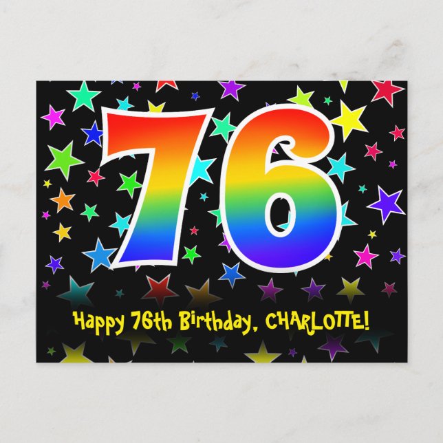 76th Birthday: Fun Stars Pattern, Rainbow 76, Name Postcard (Front)