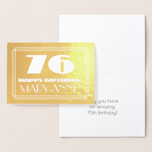 76th Birthday: Name + Art Deco Inspired Look "76" Foil Card (Display)