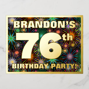76th Birthday Party: Bold, Colourful Fireworks Loo Foil Invitation Postcard