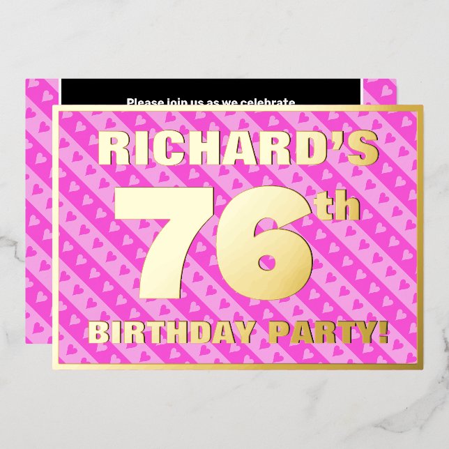 76th Birthday Party — Fun Pink Hearts and Stripes (Front/Back)