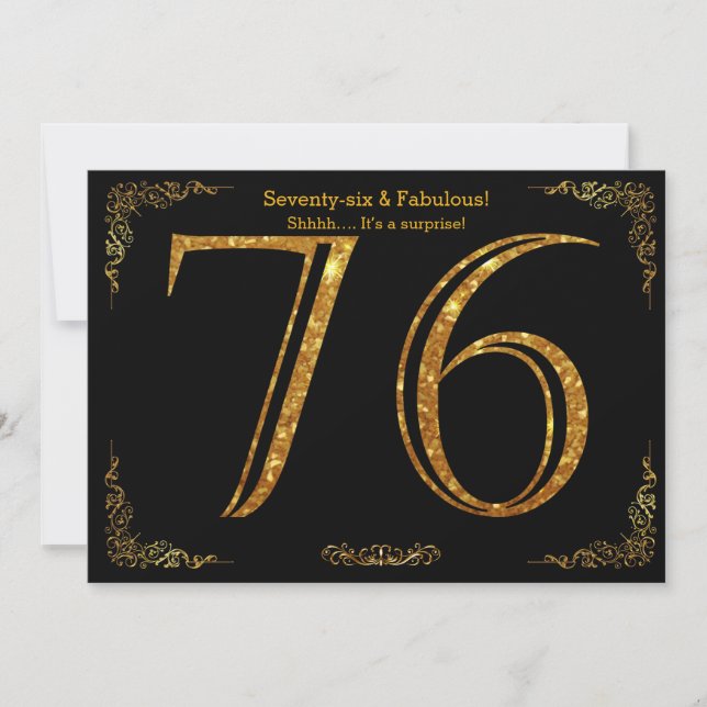 76th Birthday party,Gatsby styl,black gold glitter Invitation (Front)