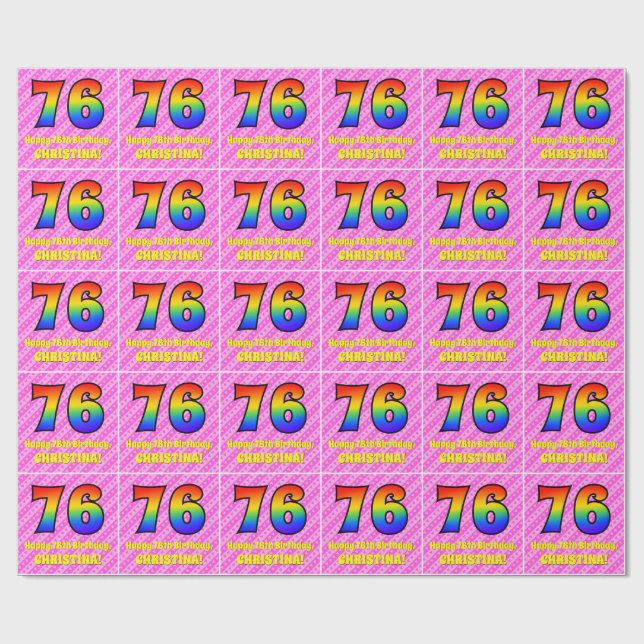 76th Birthday: Pink Stripes & Hearts, Rainbow # 76 Wrapping Paper (Flat)