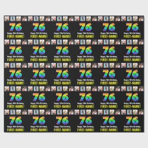76th Birthday: Rainbow “76“; Custom Photos & Name Wrapping Paper