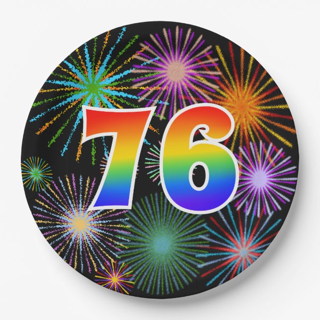 76th Event - Fun, Colourful, Bold, Rainbow 76 Paper Plate (Front)