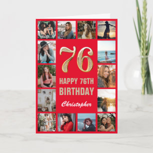 76th Happy Birthday Red and Gold Photo Collage Card