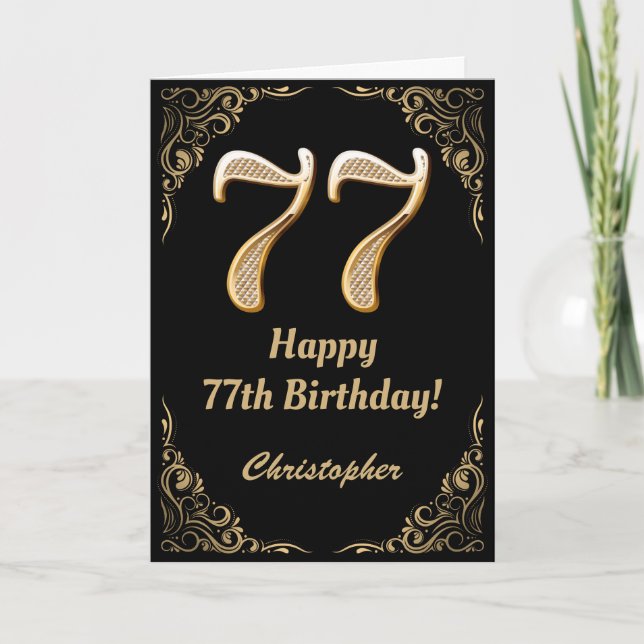 77th Birthday Black and Gold Glitter Frame Card (Front)