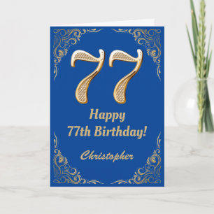 77th Birthday Blue and Gold Glitter Frame Card