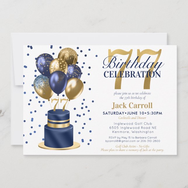 77th Birthday Blue Cake Invitation (Front)
