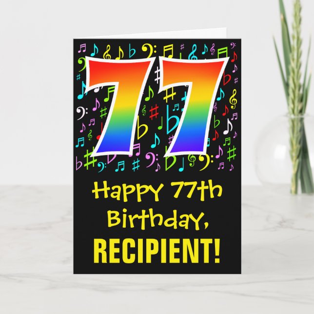 77th Birthday: Colorful Music Symbols + Rainbow 77 Card (Front)