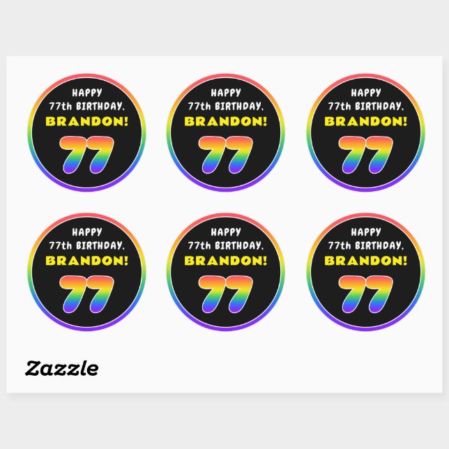 77th Birthday: Colorful Rainbow # 77, Custom Name Classic Round Sticker (Sheet)