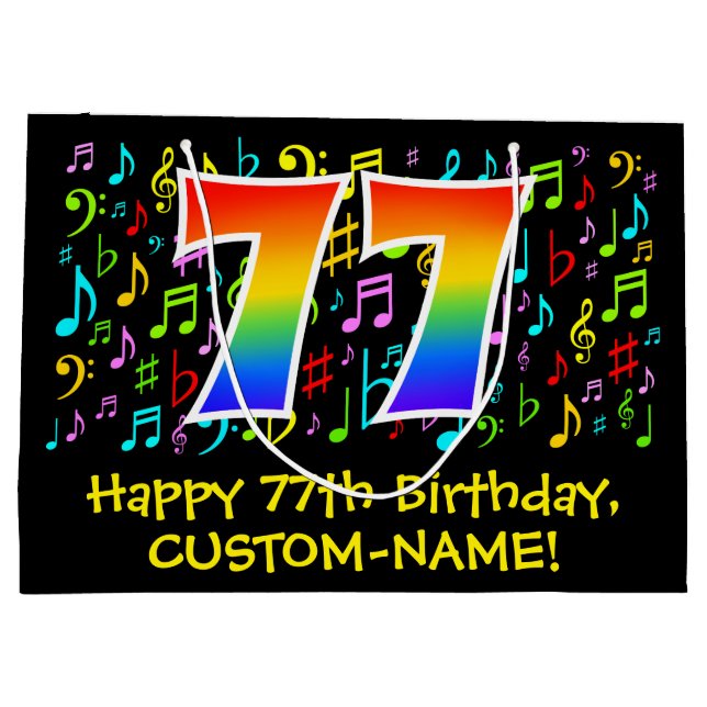77th Birthday - Colourful Music Symbols, Rainbow 7 Large Gift Bag (Back)
