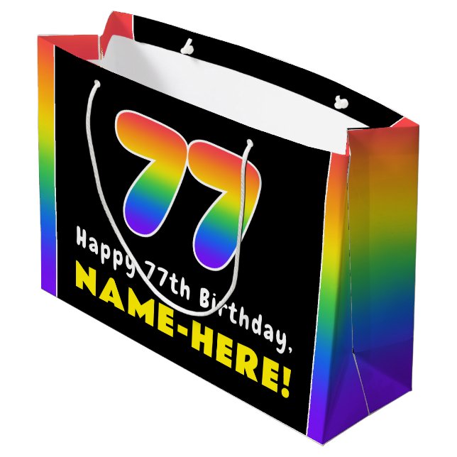 77th Birthday: Colourful Rainbow # 77, Custom Name Large Gift Bag (Back Angled)