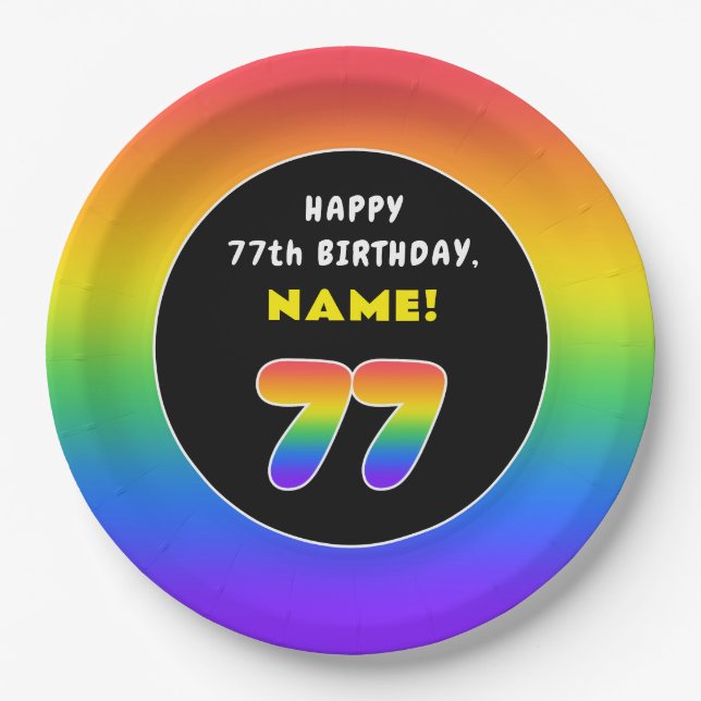 77th Birthday: Colourful Rainbow # 77, Custom Name Paper Plate (Front)