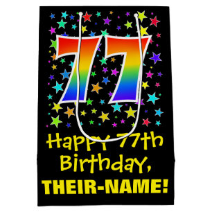 77th Birthday: Colourful Stars Pattern & Rainbow 7 Medium Gift Bag