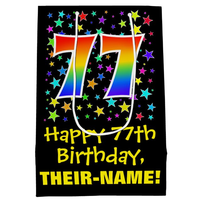 77th Birthday: Colourful Stars Pattern & Rainbow 7 Medium Gift Bag (Back)