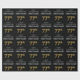 77th Birthday: Elegant, Black, Faux Gold Look Wrapping Paper