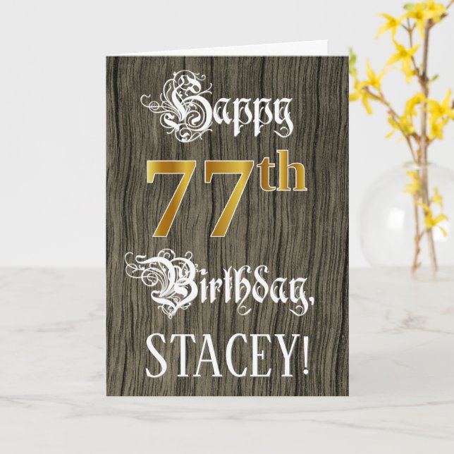 77th Birthday: Faux Gold Look + Faux Wood Pattern Card (Yellow Flower)