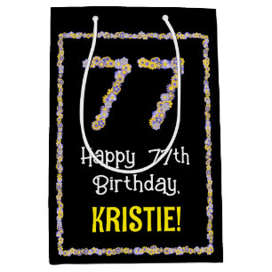 77th Birthday: Floral Flowers Number, Custom Name Medium Gift Bag