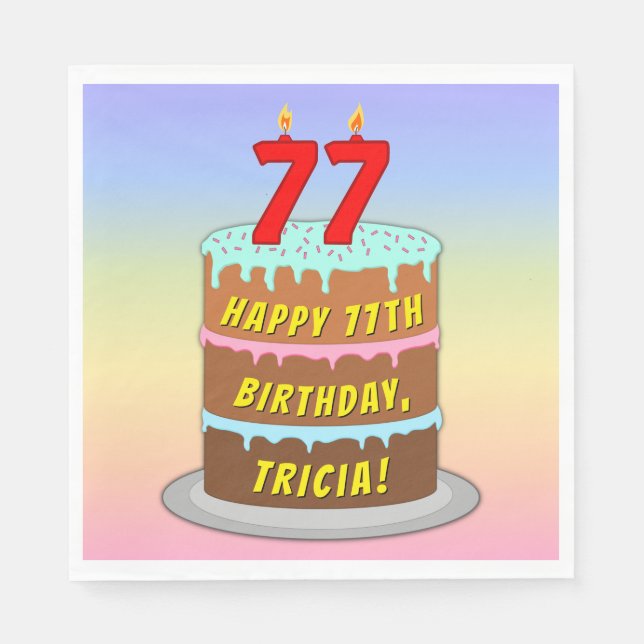 77th Birthday: Fun Cake and Candles + Custom Name Napkin (Front)