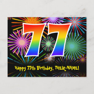 77th Birthday – Fun Fireworks Pattern + Rainbow 77 Postcard