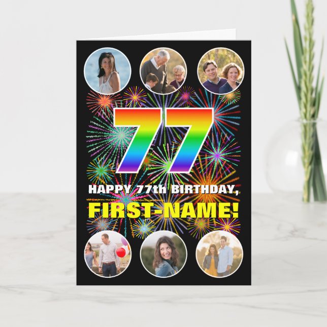 77th Birthday: Fun Rainbow #, Custom Name & Photos Card (Front)
