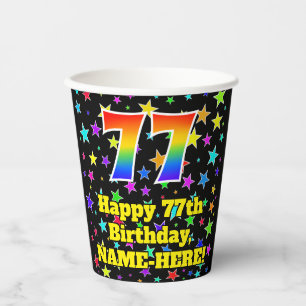 77th Birthday: Fun Stars Pattern and Rainbow 77 Paper Cups