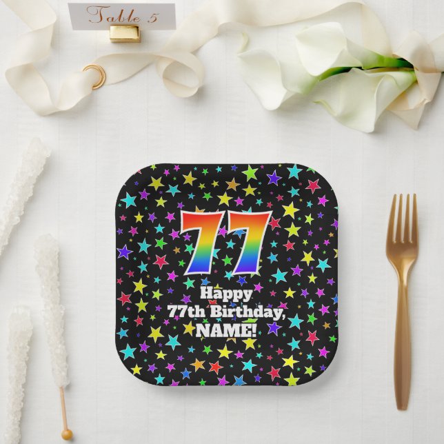 77th Birthday: Fun Stars Pattern and Rainbow “77” Paper Plate (Wedding)