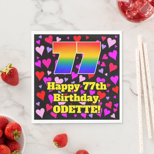 77th Birthday: Loving Hearts Pattern, Rainbow # 77 Napkin (Insitu)