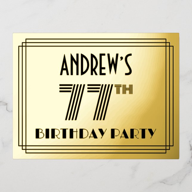 77th Birthday Party ~ Art Deco Style “77” + Name Foil Invitation Postcard (Front)
