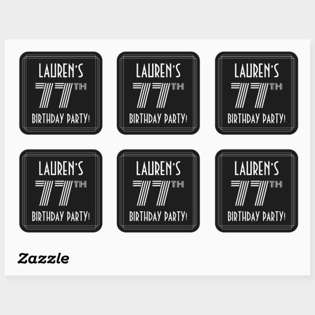 77th Birthday Party: Art Deco Style & Custom Name Square Sticker (Sheet)