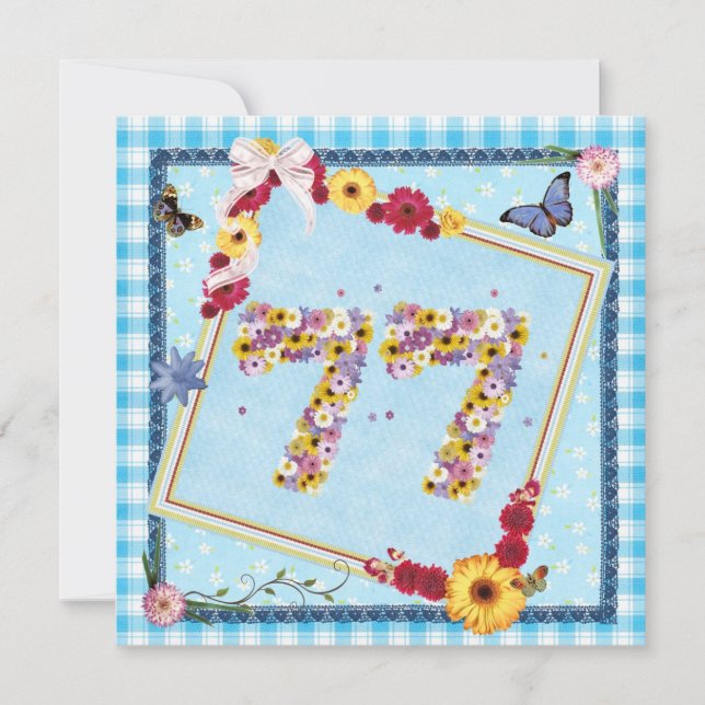 77th Birthday party Invitation flowers,butterflies (Front)