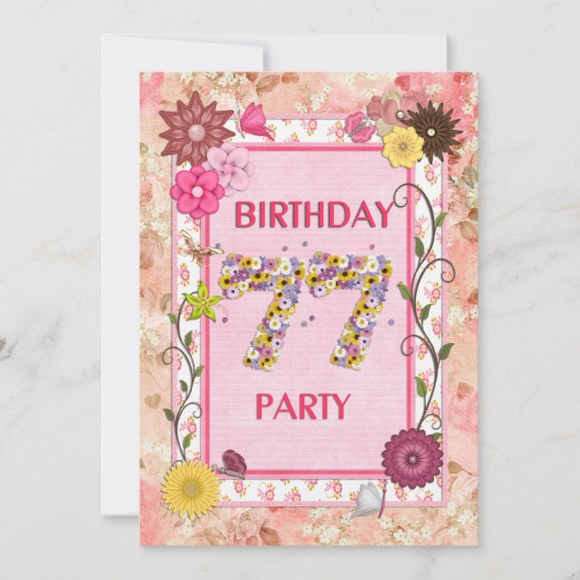 77th birthday party invitation with floral frame (Front)
