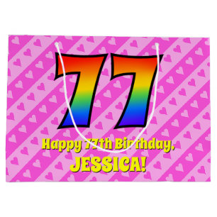 77th Birthday: Pink Stripes & Hearts, Rainbow # 77 Large Gift Bag