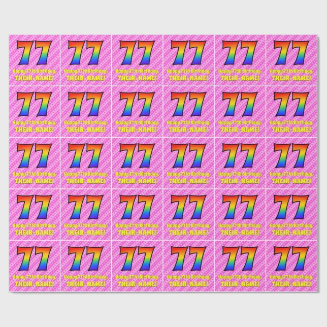 77th Birthday: Pink Stripes & Hearts, Rainbow # 77 Wrapping Paper (Flat)