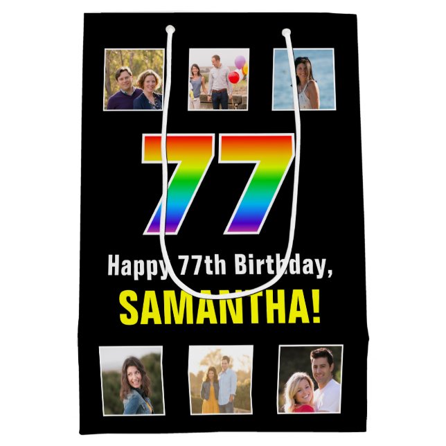 77th Birthday: Rainbow “77“, Custom Photos & Name Medium Gift Bag (Back)