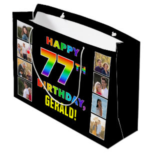 77th Birthday: Rainbow Text, Custom Photos & Name Large Gift Bag