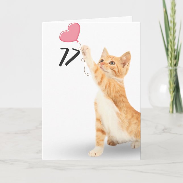 77th birthday tabby cat with heart balloon card (Front)
