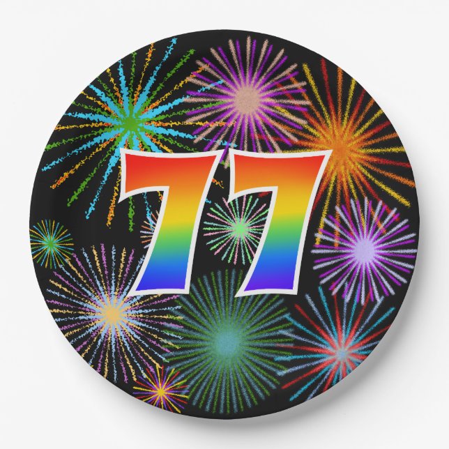 77th Event - Fun, Colourful, Bold, Rainbow 77 Paper Plate (Front)