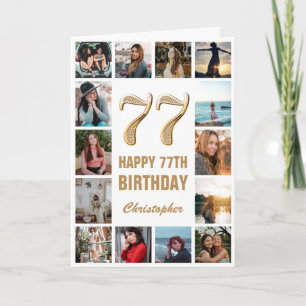 77th Happy Birthday Gold and White Photo Collage Card