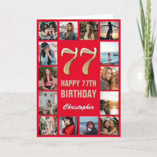77th Happy Birthday Red and Gold Photo Collage Card