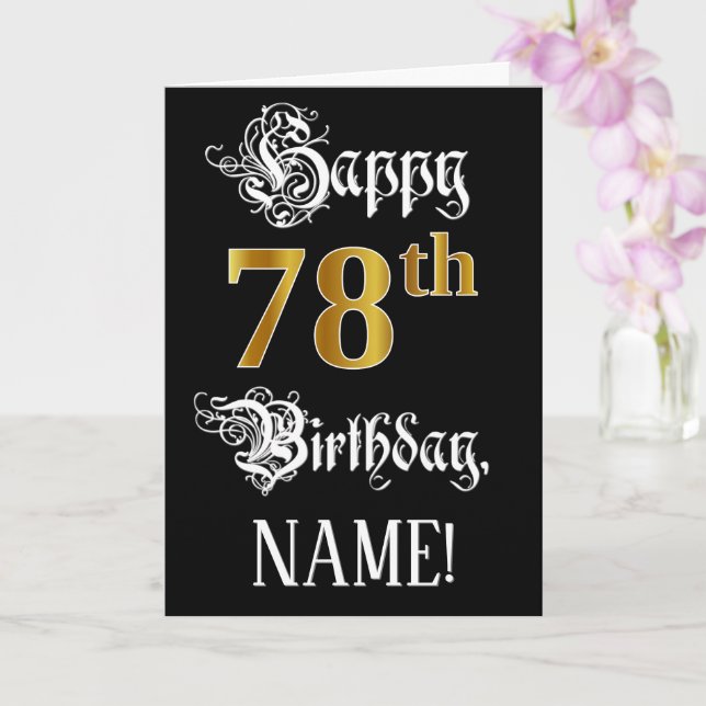 78th Birthday — Fancy Script; Faux Gold Look; Name Card (Orchid)