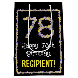 78th Birthday: Floral Flowers Number, Custom Name Medium Gift Bag