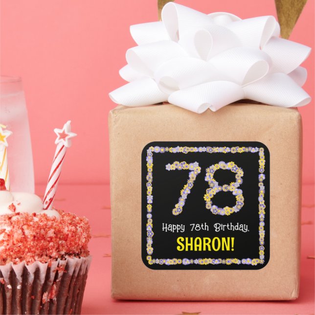 78th Birthday: Floral Flowers Number, Custom Name Square Sticker (Party)
