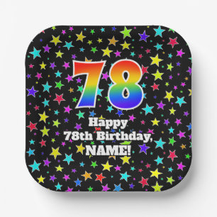 78th Birthday: Fun Stars Pattern and Rainbow “78” Paper Plate