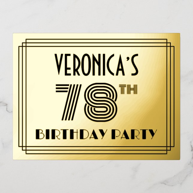78th Birthday Party ~ Art Deco Style “78” + Name Foil Invitation Postcard (Front)